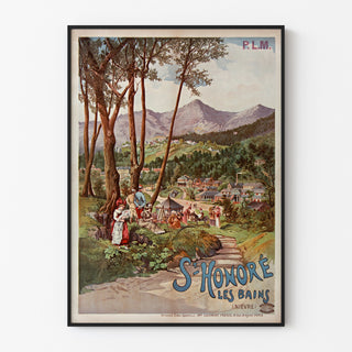 Vintage toeristische poster – Saint-Honoré-les-Bains, Tanconville, getoond in een slank frame tegen een lichte muur.