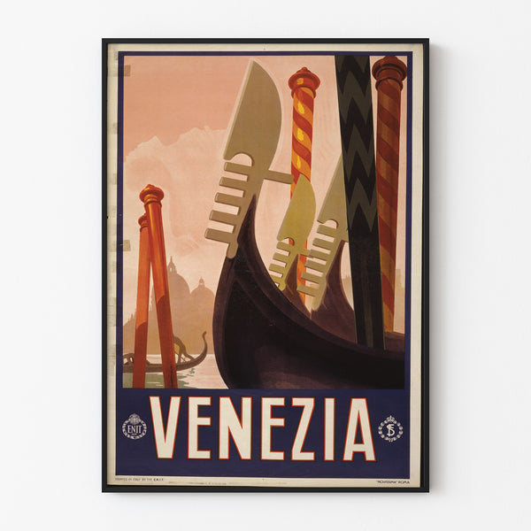 Vintage travel poster – Venezia, gondola prows, displayed in a slim frame on a light wall.