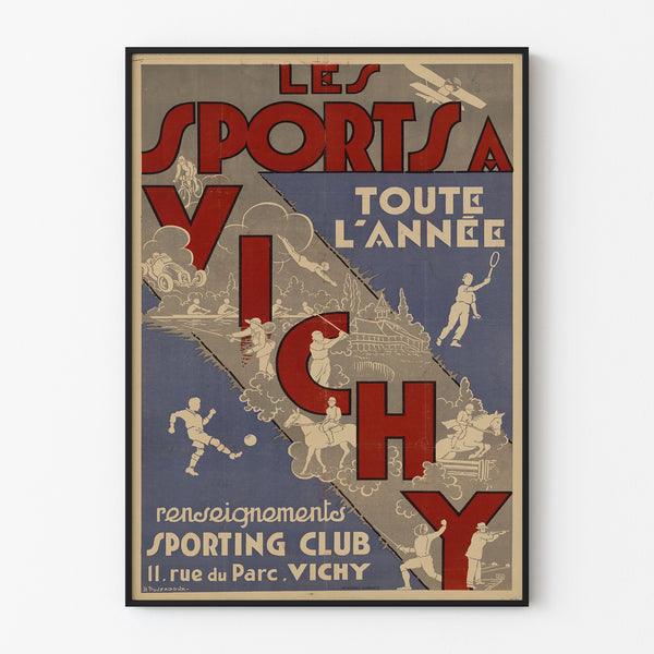Vintage travel poster – Vichy, sports all year round, shown in a slim frame on a light wall.