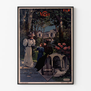 Vintage toeristische affiche – Vichy, PLM, weergegeven in een smal kader aan een lichte muur.