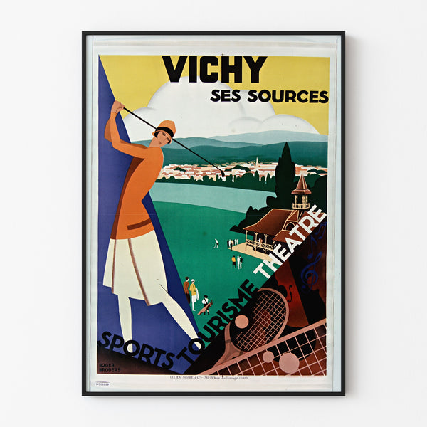 Vintage travel poster – Vichy, springs and tourism, shown in a slim frame on a light wall.