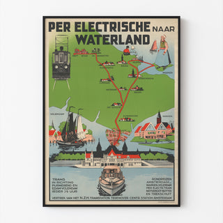 Vintage toeristische poster – Waterland, elektrische tram, gepresenteerd in een dunne lijst tegen een lichte muur.