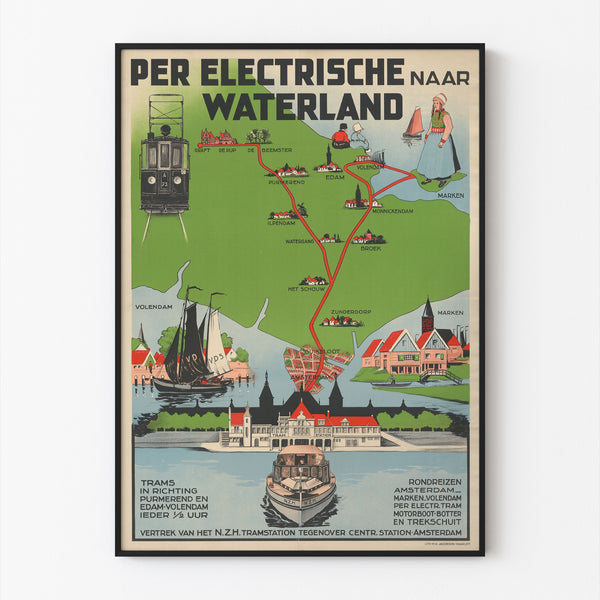 Vintage travel poster – Waterland, electric tram, shown in a thin frame on a light wall.