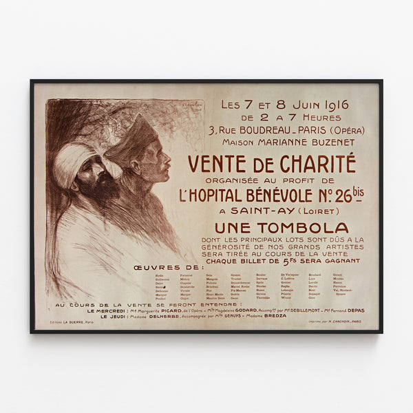Poster Benefietverkoop ten bate van het ziekenhuis van Saint-Ay, geplaatst in een fijne lijst aan een lichte muur.
