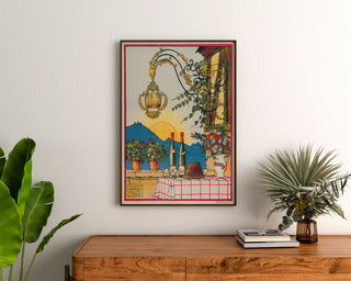 Vintage wine poster – Au bon vin d’Alsace – Hansi, framed above a wooden sideboard between plants.