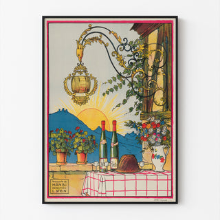 Vintage wine poster – Au bon vin d’Alsace – Hansi, displayed in a slim frame on a light wall.