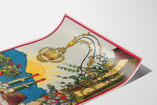 Vintage wine poster – Au bon vin d’Alsace – Hansi, shown on a curled sheet, perspective view.