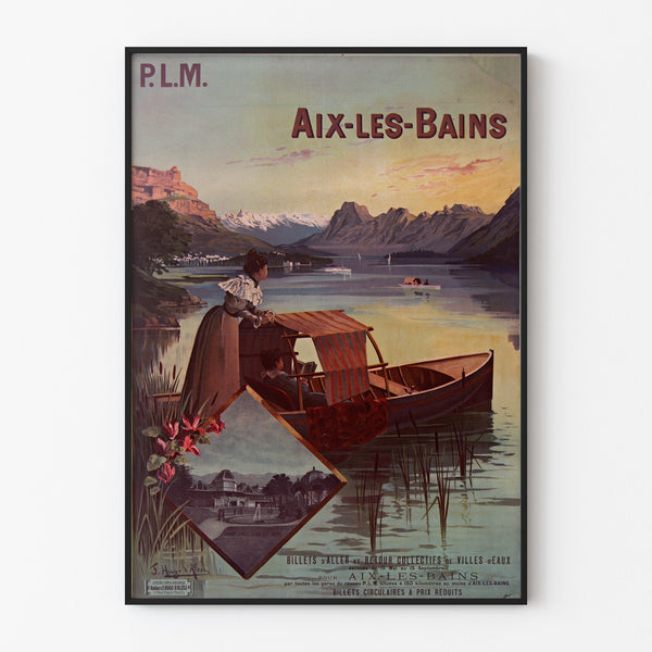 Vintage poster Aix‑les‑Bains, PLM group tickets, in a slim frame on a light wall.