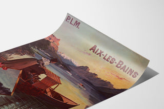 Vintage poster Aix-les-Bains, PLM groepskaartjes, gepresenteerd op een gebogen blad, perspectivisch gezien.