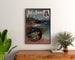 Vintage poster Aix‑les‑Bains, night festival, framed above a wooden dresser, flanked by plants.