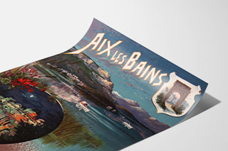 Vintage poster Aix‑les‑Bains, night festival, on a curled sheet, shown in perspective.