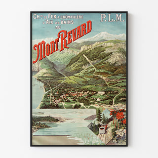 Vintage poster Aix-les-Bains, Mont-Revard, crémaillère, in een smal lijstje aan een lichte muur.