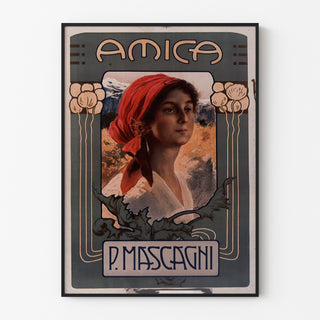 Vintageposter Amica, opera, getoond in een smal lijstje tegen een lichte muur.