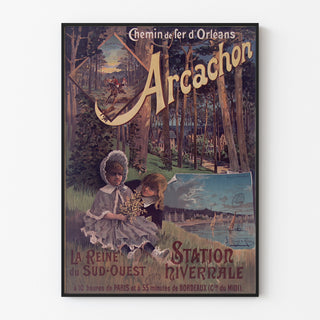 Vintage poster Arcachon, winterresort, gepresenteerd in een smal kader tegen een lichte muur.