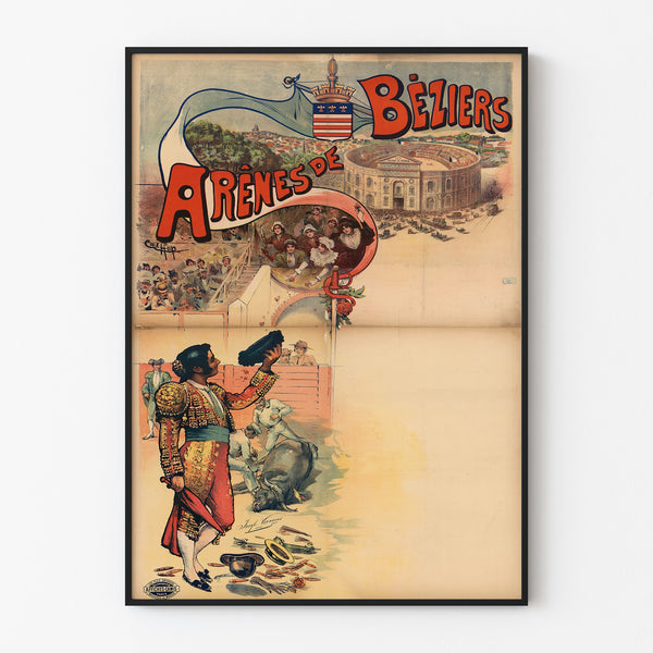 Vintage poster Arènes de Béziers, gepresenteerd in een smal kader tegen een lichte muur.
