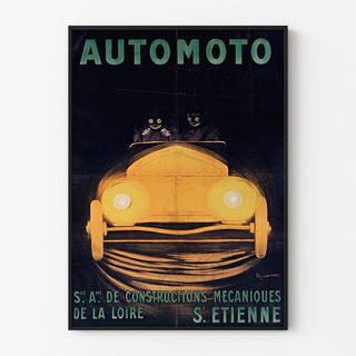 Vintage Automoto, Saint‑Étienne poster in a thin frame on a light wall.