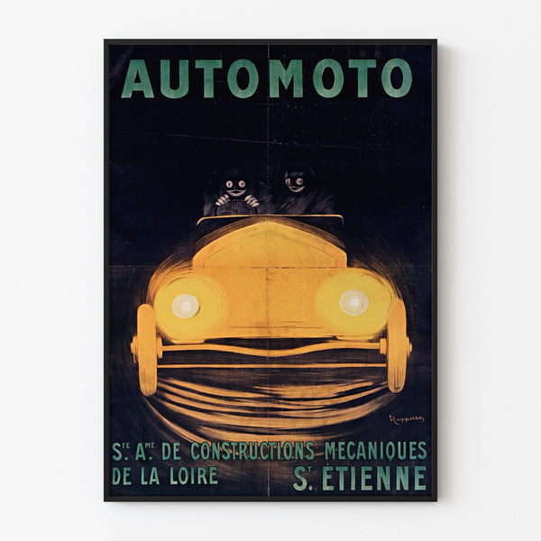 Vintage poster Automoto, Saint-Étienne, in een smal frame aan een lichte muur.
