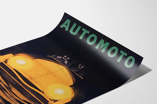 Vintage Automoto, Saint‑Étienne poster displayed on a curled sheet, shown in perspective.