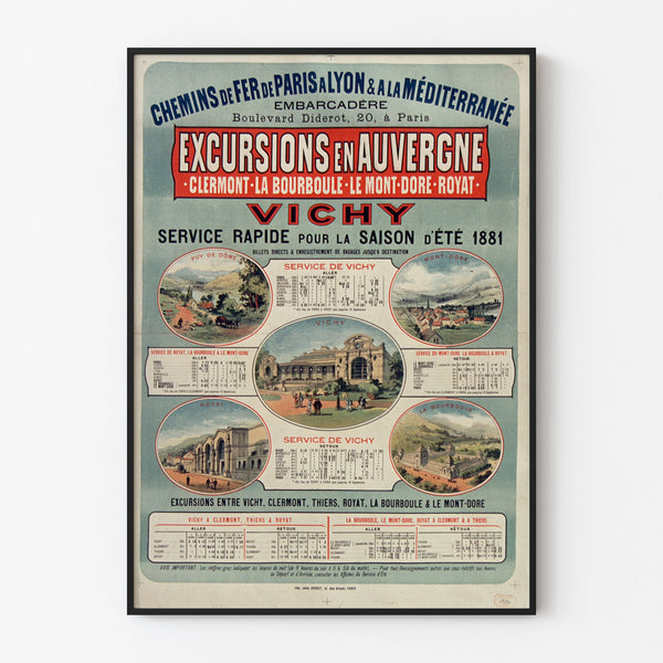 Vintage Auvergne poster, PLM excursions, shown in a slim frame on a light wall.