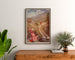 Vintage Auvergne-poster, Le Lioran, ingelijst boven een houten dressoir tussen planten.