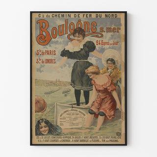 Vintage poster Boulogne-sur-Mer, 24 express, getoond in een smal lijstje tegen een lichte muur.