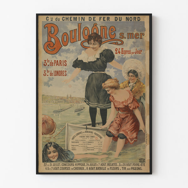 Vintage Boulogne-sur-Mer poster, 24 express, shown in a slim frame on a light wall.
