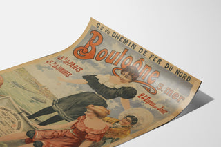 Vintage poster Boulogne-sur-Mer, 24 express, gepresenteerd op een licht gebogen blad, perspectiefweergave.
