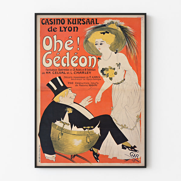 Vintage poster Casino Kursaal, Ohé Gédéon, gepresenteerd in een smal lijstje aan een lichte muur.