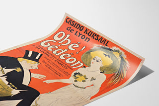 Vintage Casino Kursaal “Ohé Gédéon” poster shown on a curved sheet, viewed in perspective.