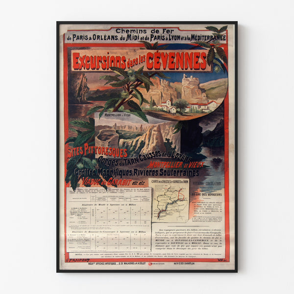 Vintageposter Cévennes, treinexcursies, in een smal frame tegen een lichte muur.
