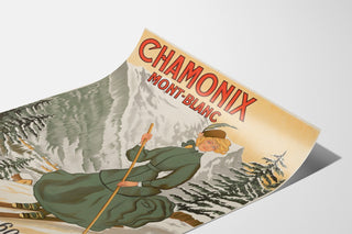 Vintageposter Chamonix, 60 jaar wintersport, gepresenteerd op een gebogen vel, perspectivisch gezien.