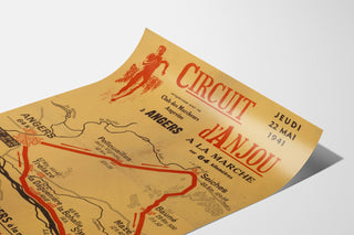 Vintageposter Circuit d’Anjou, wandelen, gepresenteerd op een gekromde pagina, perspectivisch zicht.