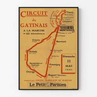 Vintage poster Circuit du Gâtinais, wandelen, in een smal frame aan een lichte muur.
