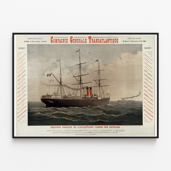 Vintage Compagnie Générale Transatlantique poster – Antilles lines, shown in a slim frame on a light wall.