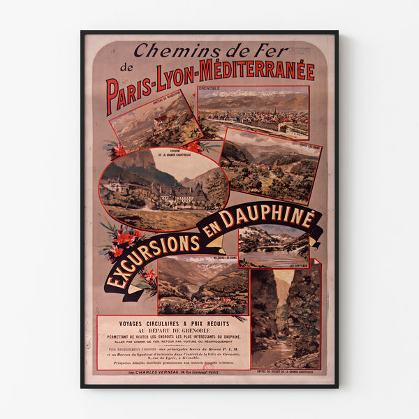 Vintage Dauphiné poster, PLM excursions, shown in a slim frame on a pale wall.