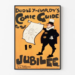 Vintageposter Dudley Hardy, comic guide, in een slank kader aan een lichte muur.