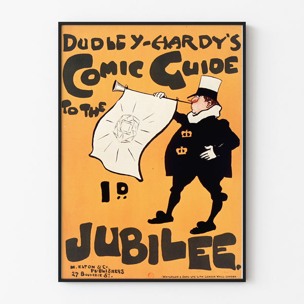 Vintageposter Dudley Hardy, comic guide, in een slank kader aan een lichte muur.