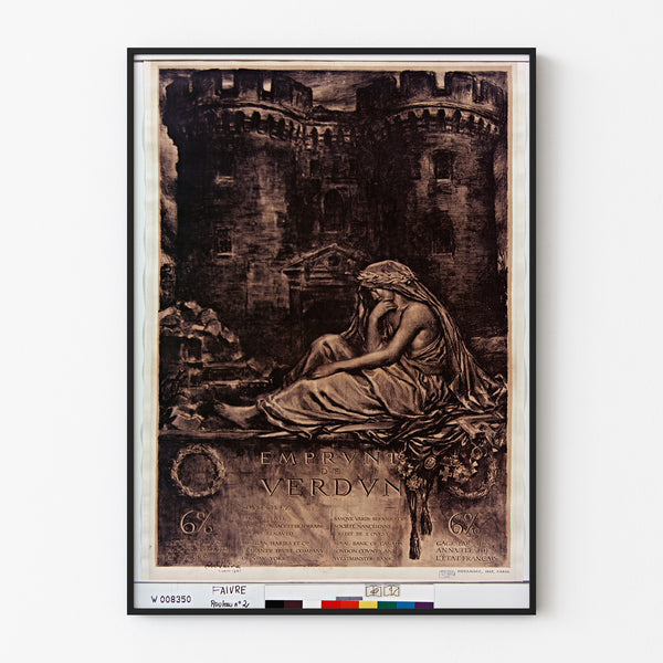 Vintage affiche Emprunt de Verdun... 6%, weergegeven in een dunne lijst aan een lichte muur.