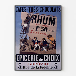 Vintage poster Épicerie Lefèvre, coffees and chocolates, shown in a slim frame on a light wall.