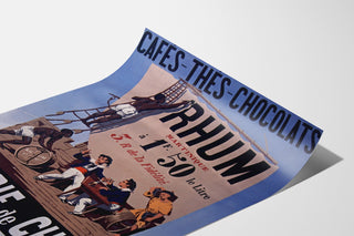 Vintage Épicerie Lefèvre—coffee and chocolate—poster displayed on a curved sheet, shown in perspective.