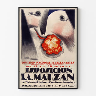 Vintage affiche Exposition Achille Mauzan, weergegeven in een smal kader aan een lichte muur.