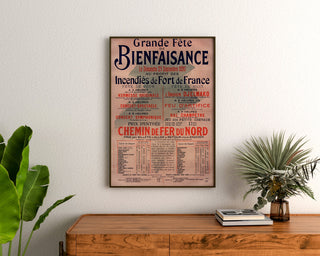Vintage affiche Fort-de-France, liefdadigheidsfeest, ingelijst boven een houten dressoir, tussen planten.