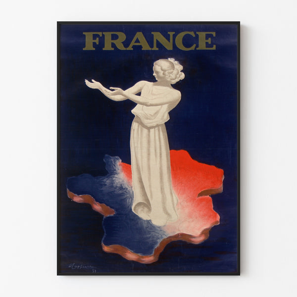 Vintageposter Frankrijk, Parijse tentoonstelling 1937, in een smal lijstje aan een lichte muur.