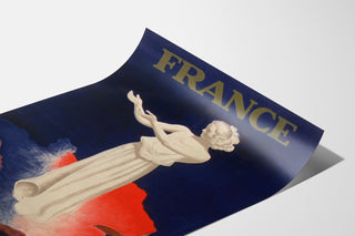 Vintage poster Frankrijk, expositie van Parijs 1937, gepresenteerd op een gebogen vel, perspectiefweergave.
