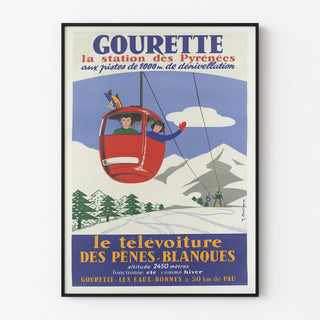 Vintage Gourette Télévoiture poster, shown in a thin frame on a pale wall.
