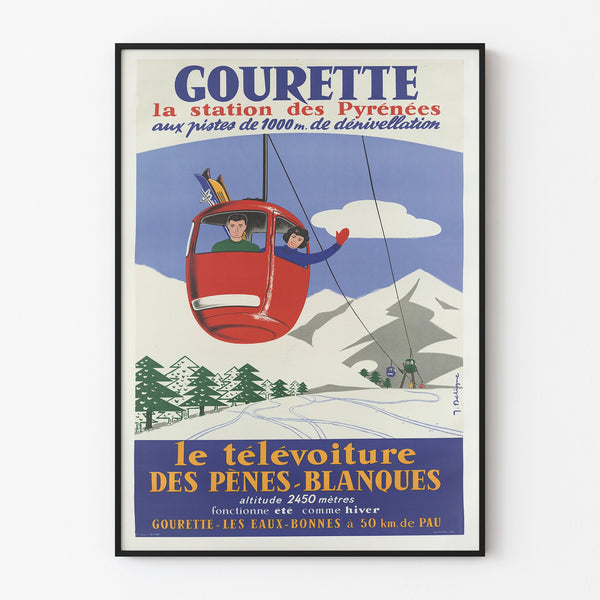 Vintageposter Gourette, télévoiture, gepresenteerd in een smal kader aan een lichte muur.