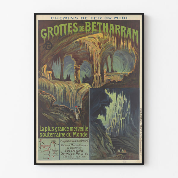 Vintage Grottes de Bétharram poster, shown in a thin frame on a pale wall.