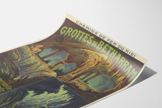 Vintageposter Grottes de Bétharram, weergegeven op een gebogen blad, perspectiefzicht.