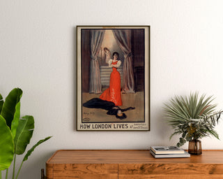 Vintage poster How London Lives, Surrey Theatre, framed above a wooden dresser, between plants.