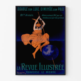 Vintage affiche La Revue illustrée, gepresenteerd in een smal frame aan een lichte muur.